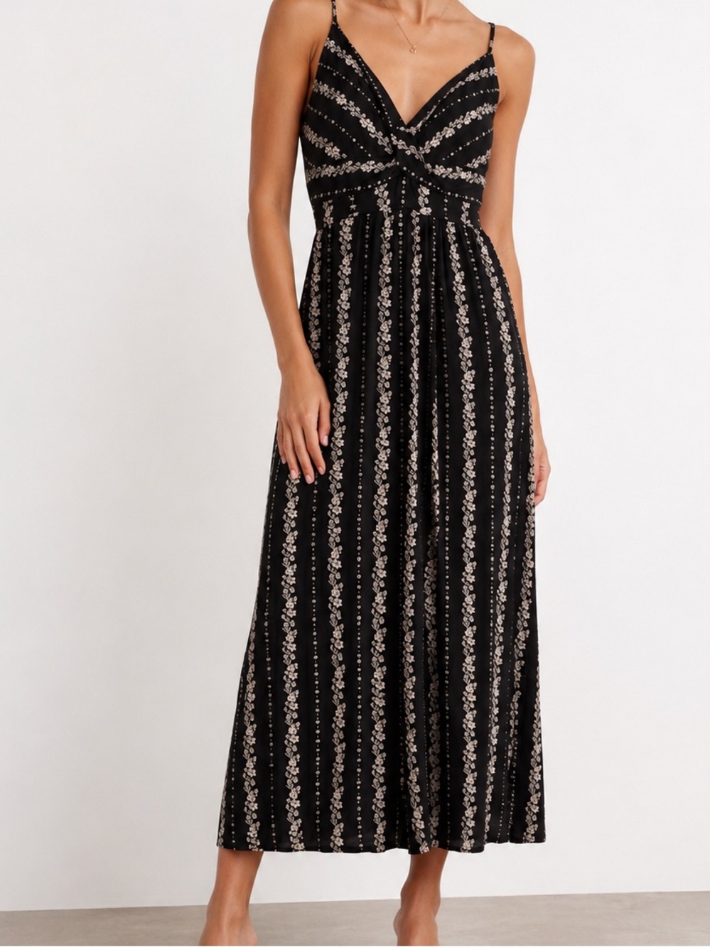 Eclipse Black Maxi Romper with Cream Vertical Floral Stripes